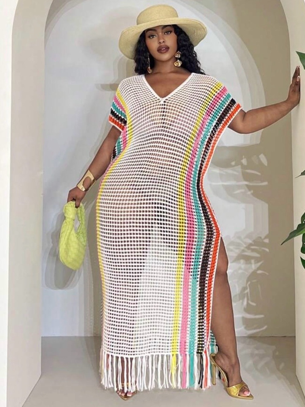 SHEIN Curve Crochet Knit Fringe Swim Cover-Up Dress Multicolor Stripe NWOT Boho